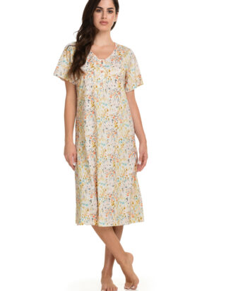 Primavera μακό νυχτικό με κοντό μανίκι. Εμπριμέ με πατιλέτα. 100%βαμβάκι Π304