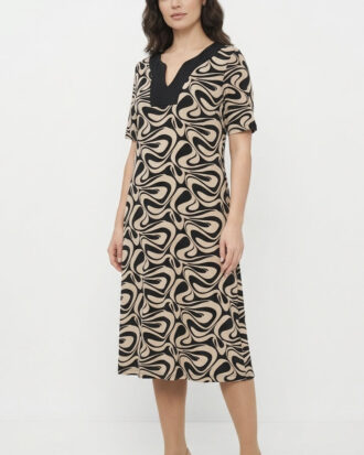 Γυναικείο φόρεμα κοντομάνικο viscose κοντό μανίκι εμπριμέ με μονόχρωμο μπούστο Billysfashion 26001-1