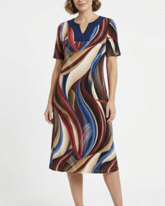 Γυναικείο φόρεμα κοντομάνικο viscose κοντό μανίκι εμπριμέ με μονόχρωμο μπούστο Billysfashion 26001-2