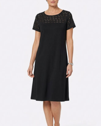 Μαύρο γυναικείο φόρεμα κοντομάνικο viscose κοντό μανίκι με δαντέλα στο μπούστο Billysfashion 26008 μαύρο