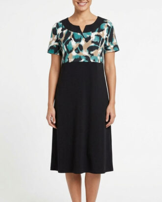 Γυναικείο φόρεμα κοντομάνικο viscose κοντό μανίκι εμπριμέ μπούστο Billysfashion 26022-2 μαύρο