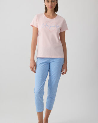 Πυτζάμα MINERVA κοντομάνικη με κάπρι παντελόνι. Γυναικεία πυτζάμα MINERVA 90-53231 ροζ πούδρα 678