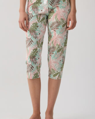 Γυναικείο παντελόνι κάπρι εμπριμέ τύπωμα allover print MINERVA 90-53268 khaki-pink fern 364