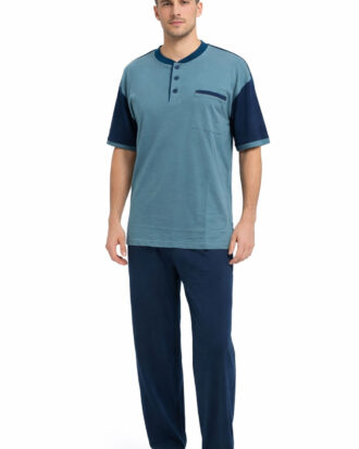 Ανδρική βαμβακερή πυτζάμα κοντό μανίκι σετ με 2 παντελόνια. Μακρύ και κοντό παντελόνι PLF_MPJSET S26-1-1 μπλε