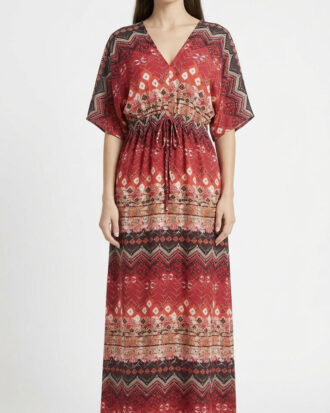 Εμπριμέ φόρεμα Primavera MAXI κοντομάνικο με ζαπονέ μανίκι 100% βαμβάκι M420-1