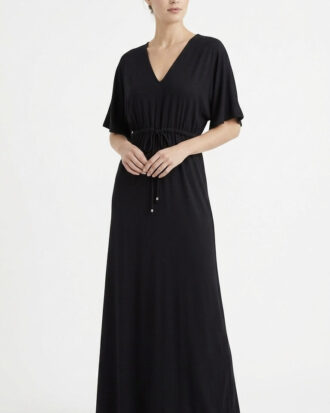 Μαύρο φόρεμα Primavera MAXI κοντομάνικο με ζαπονέ μανίκι μονόχρωμο viscose M421 μαύρο