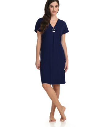 Φόρεμα Primavera κοντομάνικο με ζαπονέ μανίκι μονόχρωμο viscose Π238 μπλε