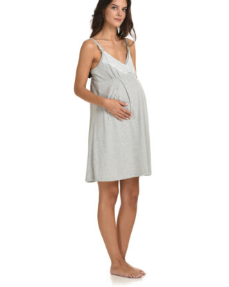 Βαμβακερό νυχτικό εγκυμοσύνης-θηλασμού με ραντάκι και δαντέλα. Νυχτικό Maternity Primavera Π352 γκρι