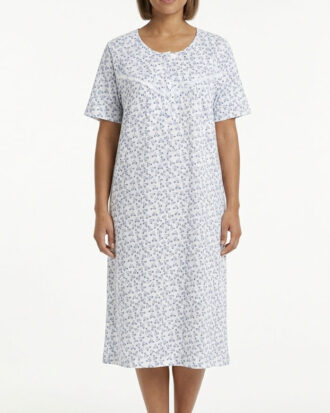 Primavera βαμβακερό νυχτικό μακό με κοντό μανίκι. Εμπριμέ κοντομάνικο με στενή δαντέλα στο στήθος. 100% βαμβάκι Π386-1