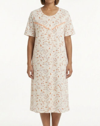 Primavera βαμβακερό νυχτικό μακό με κοντό μανίκι. Εμπριμέ κοντομάνικο με στενή δαντέλα στο στήθος. 100% βαμβάκι Π386-2