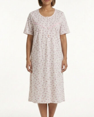 Primavera βαμβακερό νυχτικό μακό με κοντό μανίκι. Εμπριμέ κοντομάνικο με στενή δαντέλα στο στήθος. 100% βαμβάκι Π386-3