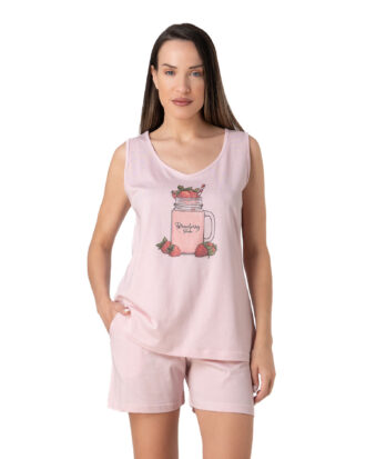 Γυναικεία αμάνικη πυτζάμα RELAX με φαρδύ ώμο και κοντό παντελόνι σορτς RELAX 3326017 ροζ