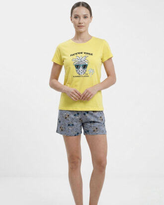 Γυναικεία πυτζάμα βαμβακερή GALAXY κοντό μανίκι κοντό παντελόνι σορτς 600-26-1 κίτρινο