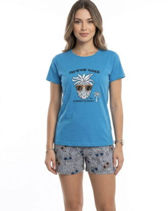 Γυναικεία πυτζάμα βαμβακερή GALAXY κοντό μανίκι κοντό παντελόνι σορτς 600-26-2 άκουα
