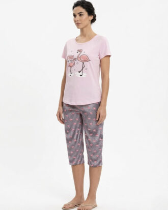 Γυναικεία πυτζάμα βαμβακερή GALAXY κοντό μανίκι κάπρι παντελόνι 605-26 πίνκ-εμπριμέ