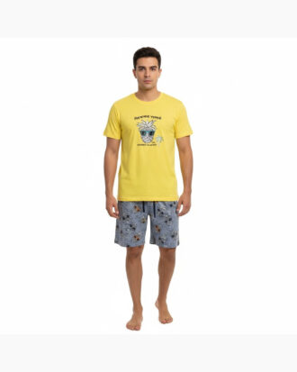 Ανδρική καλοκαιρινή πυτζάμα βαμβακερή με κοντό μανίκι και βερμούδα GALAXY 700-26-1 κίτρινο 100% βαμβάκι