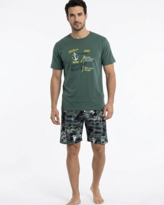 Ανδρική καλοκαιρινή πυτζάμα βαμβακερή με κοντό μανίκι και βερμούδα GALAXY 711-26 χακί 100% βαμβάκι