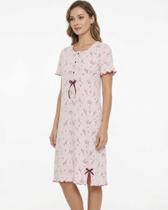 Νυχτικό ΝΙΝΑ κοντό μανίκι ίσιο εμπριμέ 100% βαμβάκι ΝΙΝΑ 26s-415 ροζ